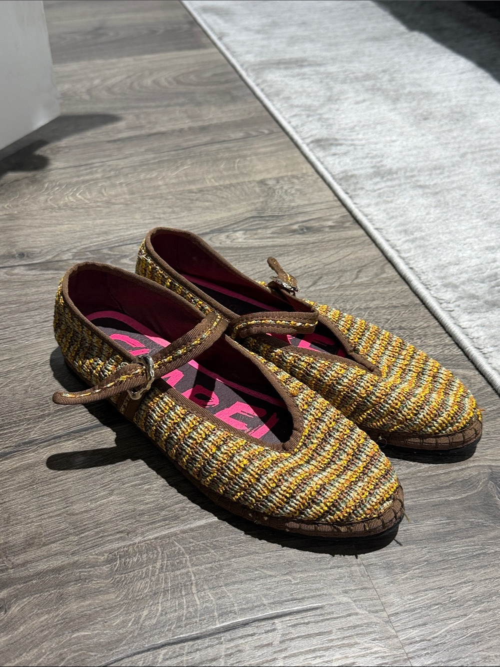 Flabelus - Woven Yellow Mary Jane Flats with Brown Trim - Women Shoes